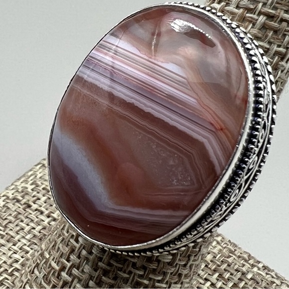 New Botswana Agate Statement Silver Overlay Vintage Style Ring Size 7.5 - Picture 3 of 12